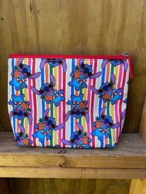 Colorful Stripe & Character Zip Pouch - Pink Red Multicolor